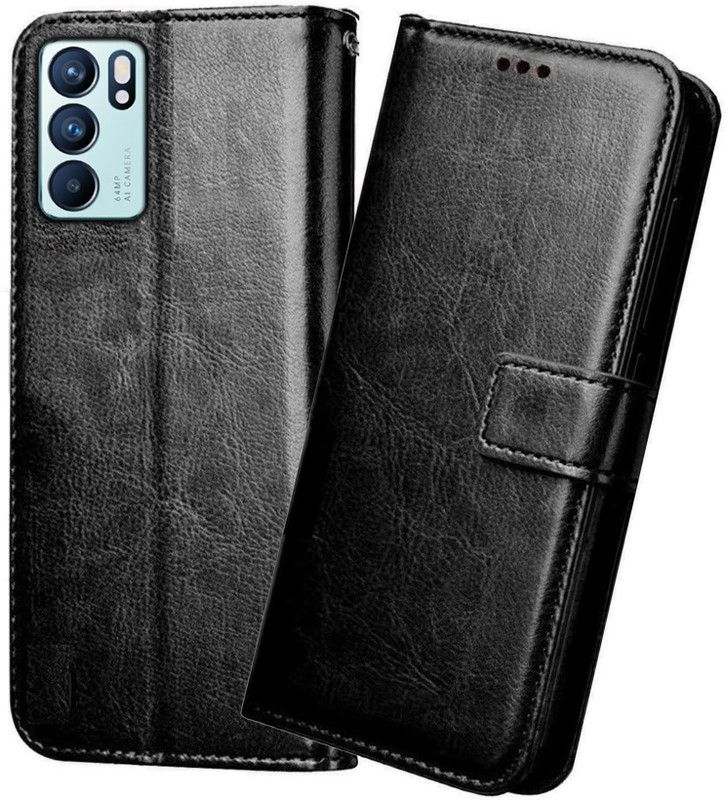 SAMARA Flip Cover for OPPO Reno6 5G  (Black, Cases with Holder, Pack of: 1)