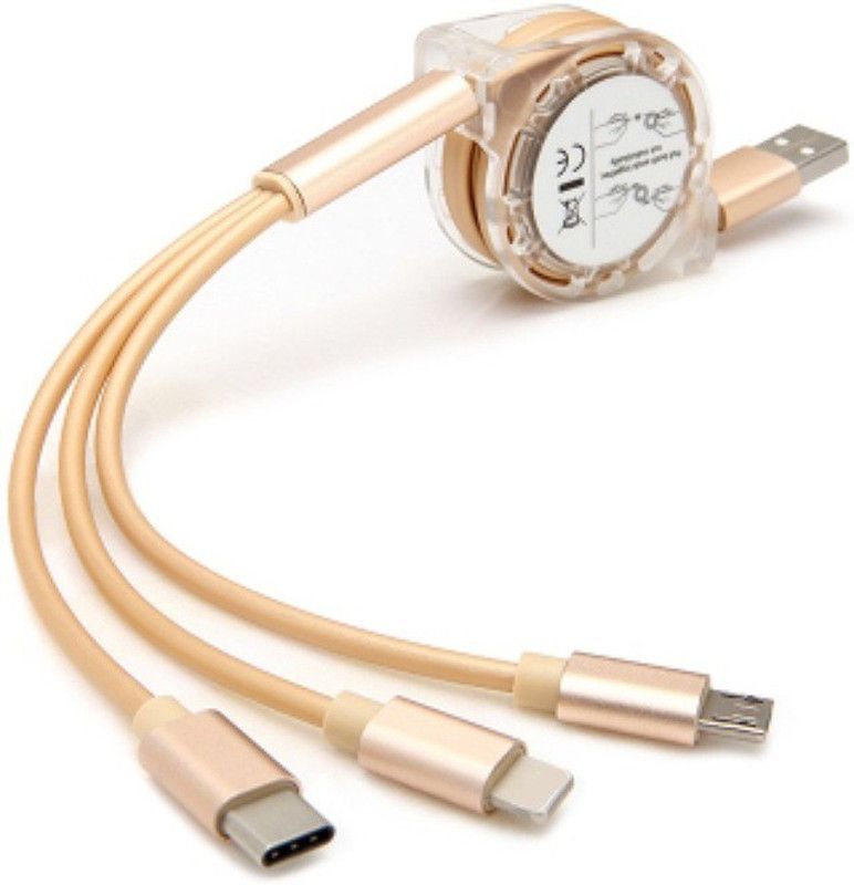 VOLTA INDIA Micro USB Cable 3 A 1 m TPE MATERIAL 3-IN-1 Fast Charging Cable for Android, iOS and Type C Devices,  (Compatible with ANDRIOD V8, TYPE C DEVICES, APPLE LIGHTNING DEVICES, Gold, One Cable)