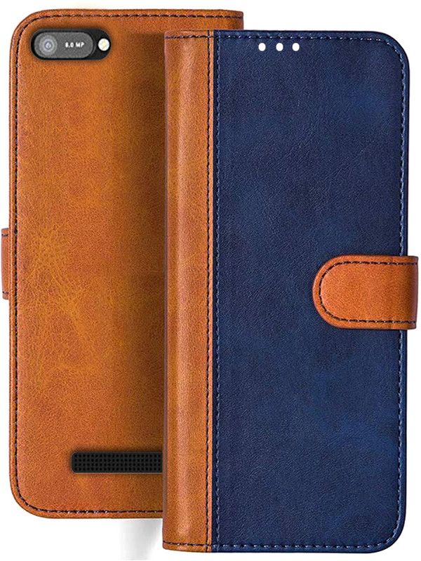 HANIRY Flip Cover for Comio C1 flip cover | C1 flip cover | Blue, Brown Design  (Blue, Magnetic Case, Pack of: 1)