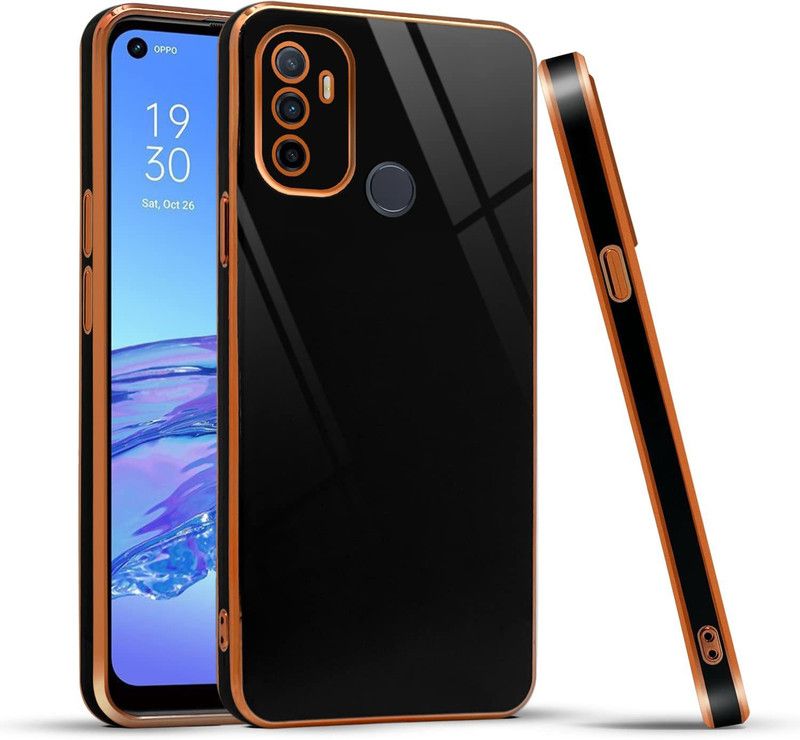 Europe Mart Back Cover for Oppo A53 2020 |(Gold Plated Frame | Glossy Backside  (Black, Camera Bump Protector)