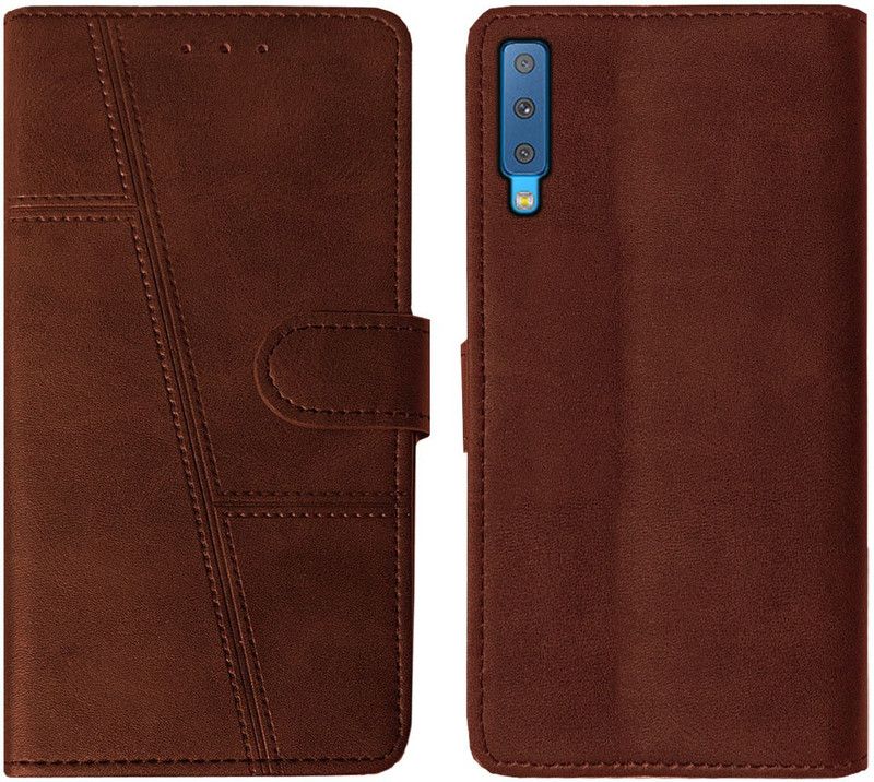 AOnes Flip Cover for Samsung Galaxy A7 2018 Edition  (Brown, Cases with Holder, Pack of: 1)