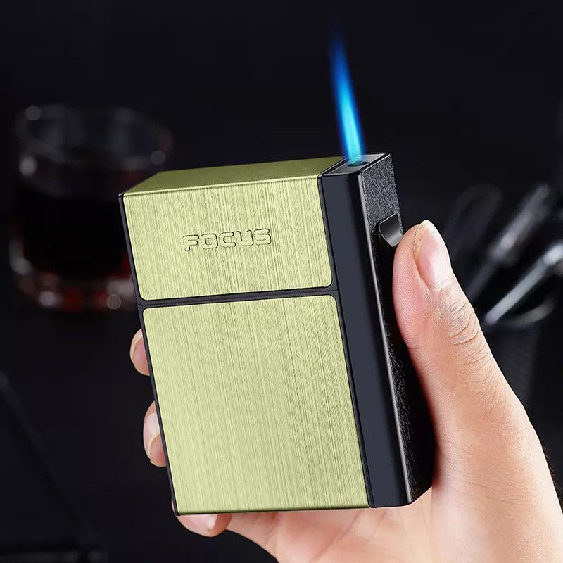 Explorer ™Focus 20 Cigarette Case Box Lighter with Flame Refillable Plastic Gas Gas 35F Gold Box Windproof Inflatable Lighter Cigarette Lighter  (Gold)