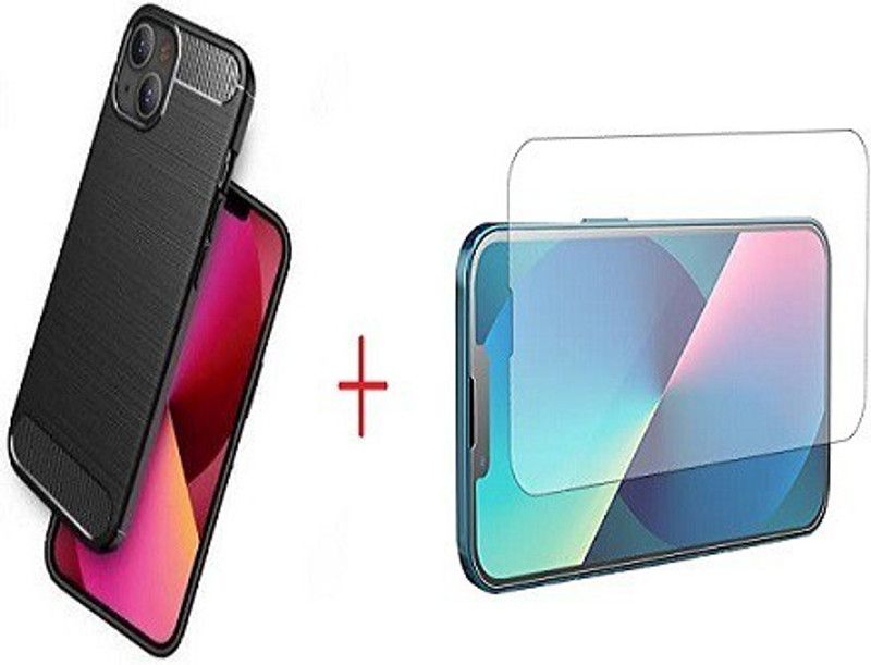 NIMMIKA ENTERPRISES Back Cover for apple iphone 13 hybrid back cover & tempered glass  (Transparent, Black, Flexible, Pack of: 1)