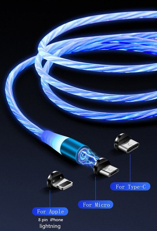 Twixxle Magnetic Charging Cable 1 m XIX™-106-BPS-Luminous Phone Charging Cable 3 In 1  (Compatible with Compatible With All Smartphones, Multicolor)
