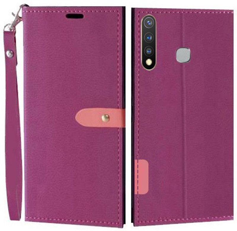 Krofty Flip Cover for Vivo Y19  (Pink, Cases with Holder, Pack of: 1)