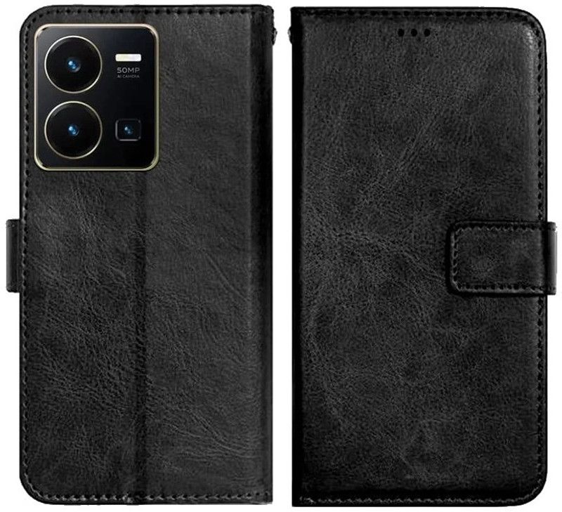 AmericHome Flip Cover for Vivo Y35, V2205 Premium Leather Finish, with Card Pockets, Wallet Stand  (Black, Magnetic Case, Pack of: 1)