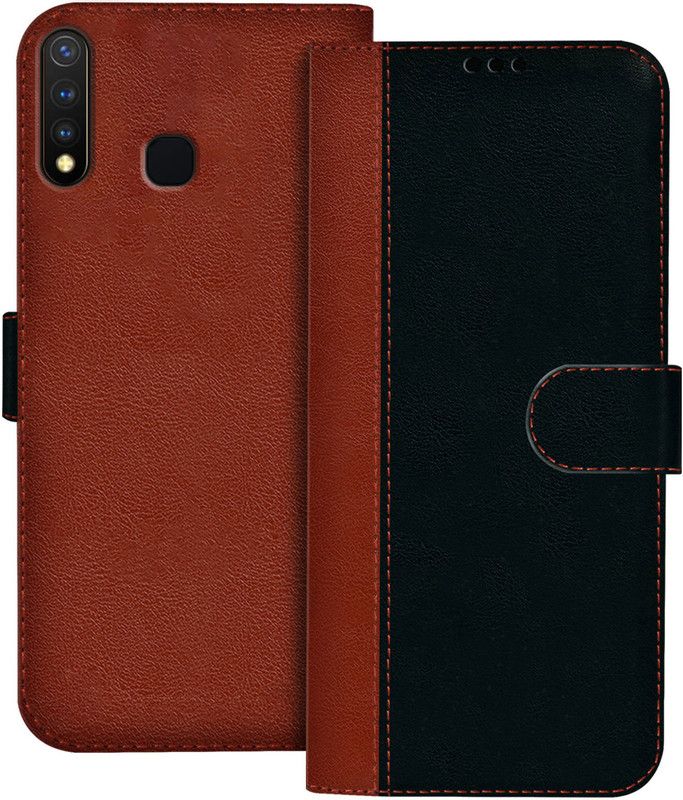 HUPSHY Flip Cover for Vivo Y19  (Black, Brown, Dual Protection, Pack of: 1)