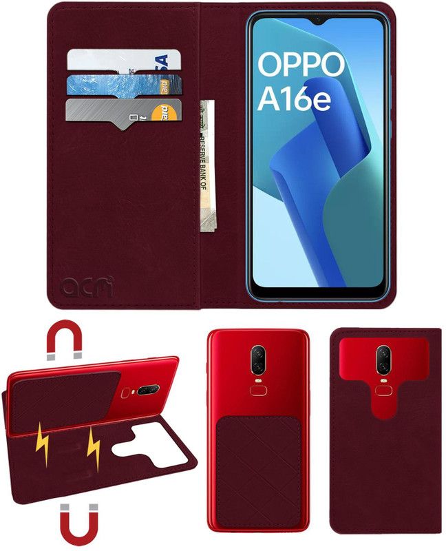 ACM Flip Cover for Oppo A16e  (Maroon, Cases with Holder, Pack of: 1)