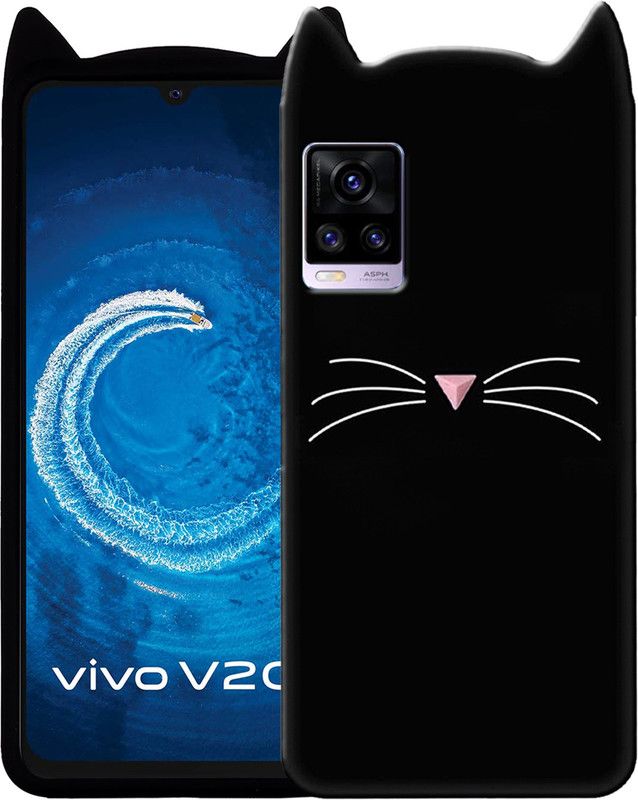 Rance Back Cover for Vivo V20 - Ear Kitty Case | 3D Cute Mustache Kitty Doll | Cat Back Cover  (Black, Flexible, Silicon, Pack of: 1)