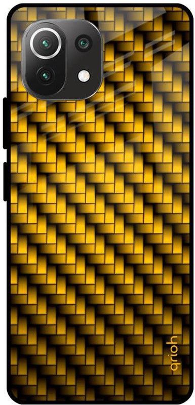 QRIOH Glass Back Cover for Mi 11 Lite  (Yellow, Grip Case, Silicon, Pack of: 1)