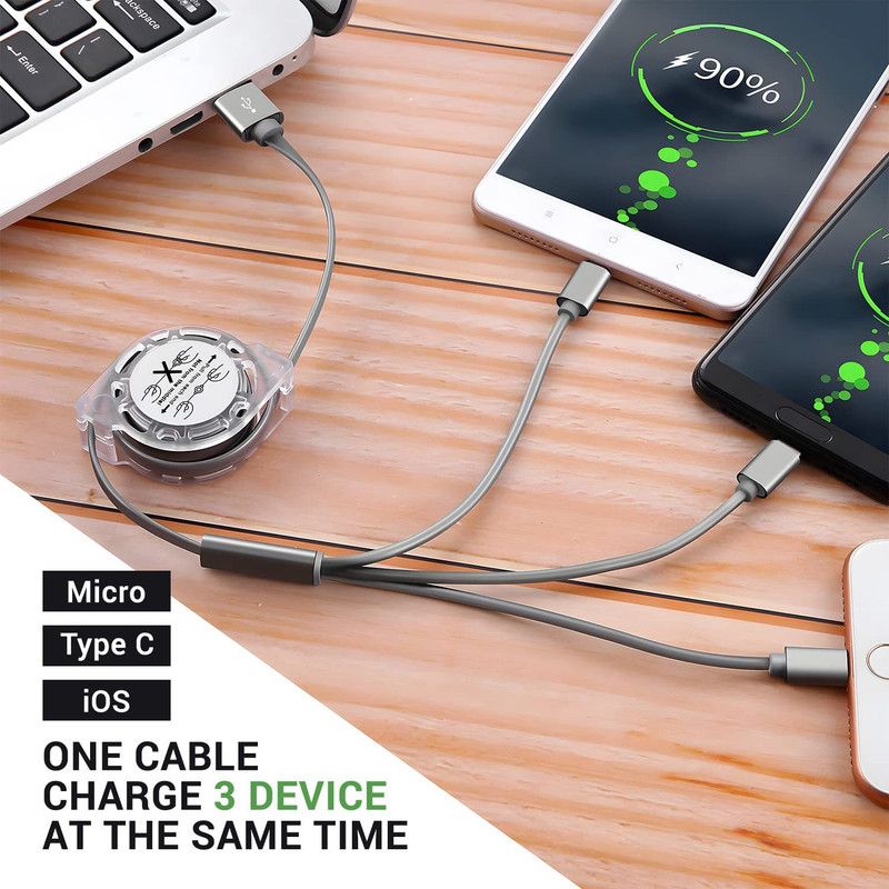 RHONNIUM USB Type C Cable 1.2 m 3 in 1 Charging Cable Retractable -FR  (Compatible with iOS, Android, Grey, One Cable)
