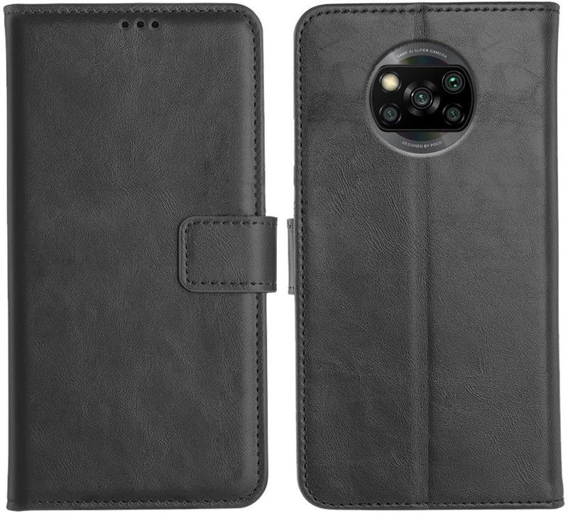 Genron Flip Cover for Poco X3  (Black, Dual Protection)