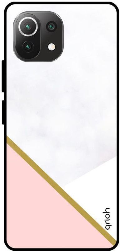 QRIOH Glass Back Cover for Mi 11 Lite  (Pink, White, Grip Case, Silicon, Pack of: 1)