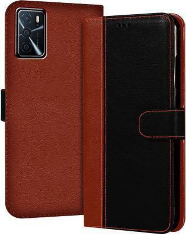 Flospy Flip Cover for Oppo A16  (Black, Brown, Shock Proof, Pack of: 1)