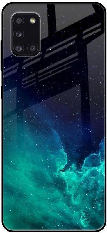 QRIOH Glass Back Cover for Samsung Galaxy A31  (Blue, Black, Grip Case, Silicon, Pack of: 1)