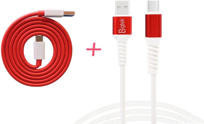 BIGTEK USB Type C Cable 1 m 3.1 A smart data cable  (Compatible with Mobiles, Power Banks, Tablets, Media Players, White, Red, One Cable)