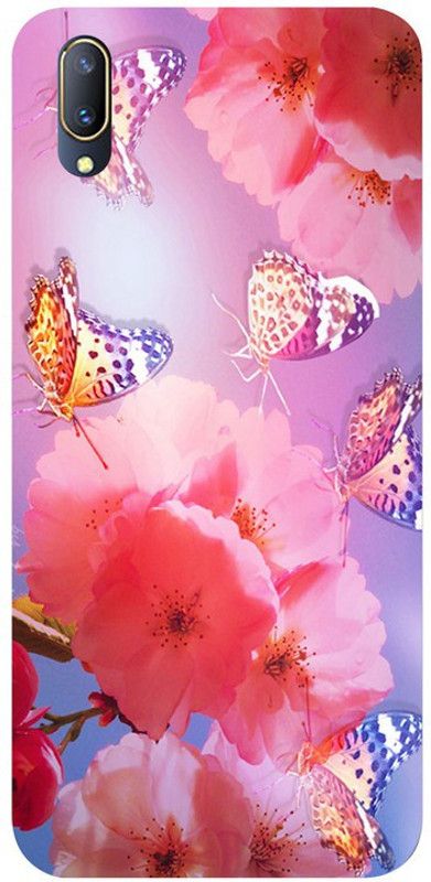 Golden Mask Back Cover for Vivo V11 Pro Pink Flower And Beautyful Butterfly  (Multicolor, Waterproof, Silicon, Pack of: 1)