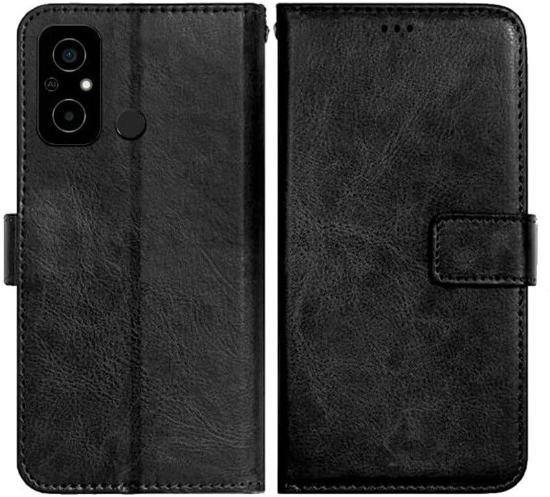 AmericHome Flip Cover for Poco C55, MZB0DDGIN Premium Leather Finish, with Card Pockets, Wallet Stand  (Black, Magnetic Case, Pack of: 1)
