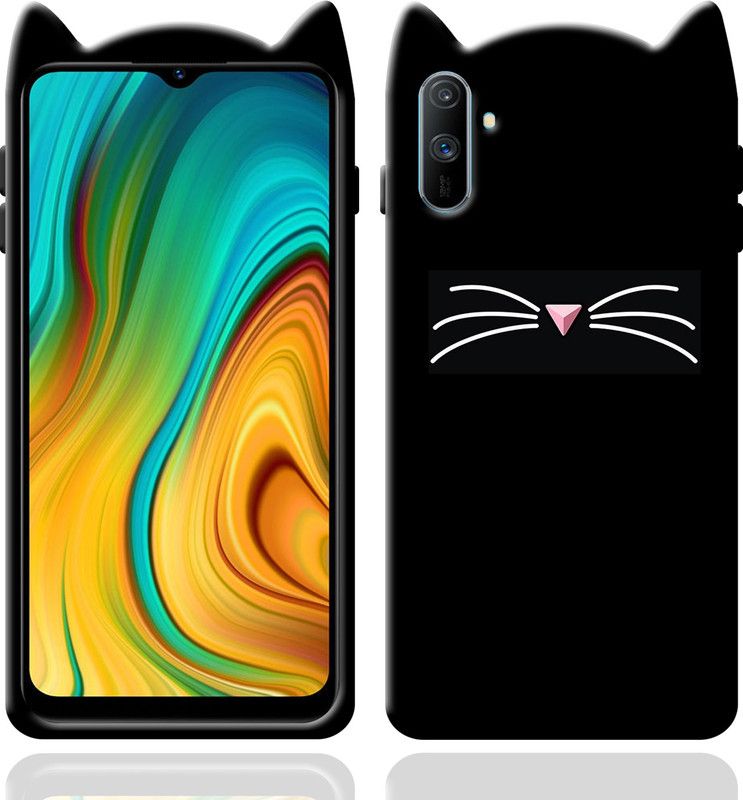 JASSSTORE Back Cover for Realme C3 Mustache Meow Beard Soft Silicone|Flexible Cute 3D Cartoon Cat Ear Kitty  (Black, Flexible, Silicon, Pack of: 1)