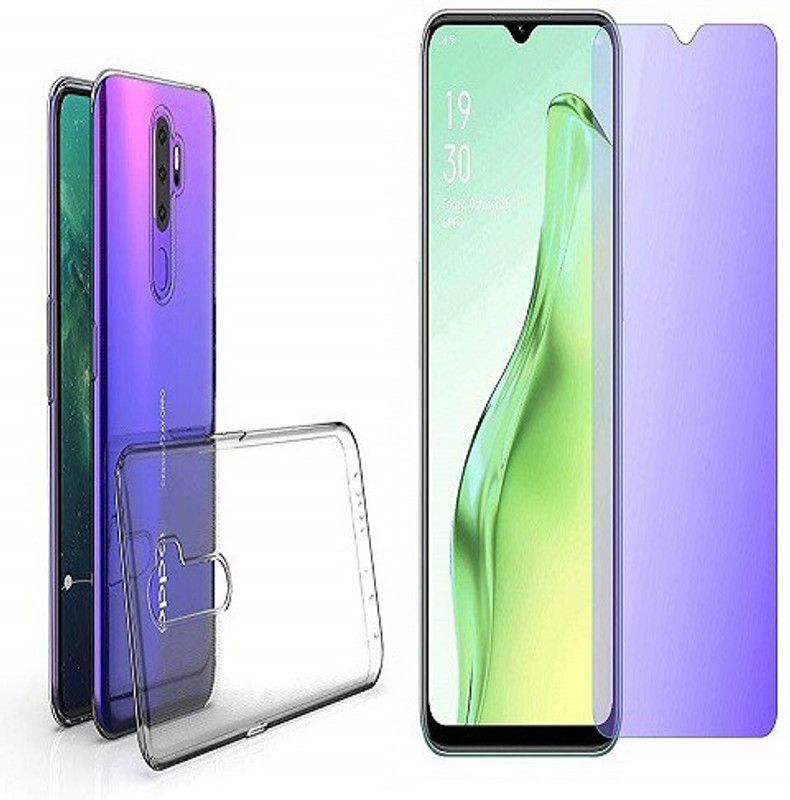 NIMMIKA ENTERPRISES Back Cover for OPPO A9 2020 BACK COVER & ANTI BLUE TEMPERED GLASS  (Transparent, Blue, Shock Proof, Pack of: 1)