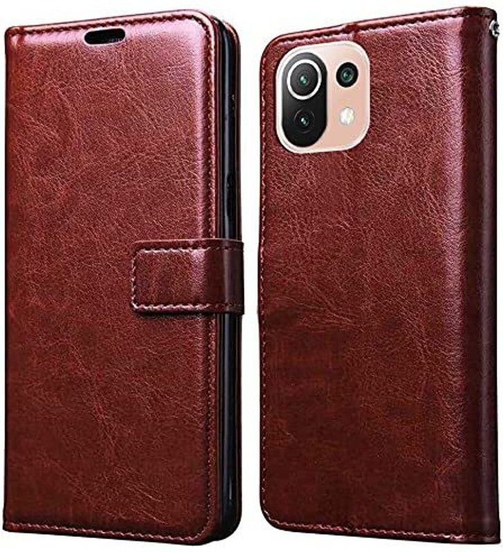 Evett Flip Cover for Mi 11 Lite Leather Vintage Flip Wallet Case Media Veiw Stand  (Brown, Shock Proof, Pack of: 1)