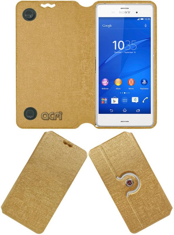 ACM Flip Cover for Sony Xperia Z3  (Gold, Cases with Holder)
