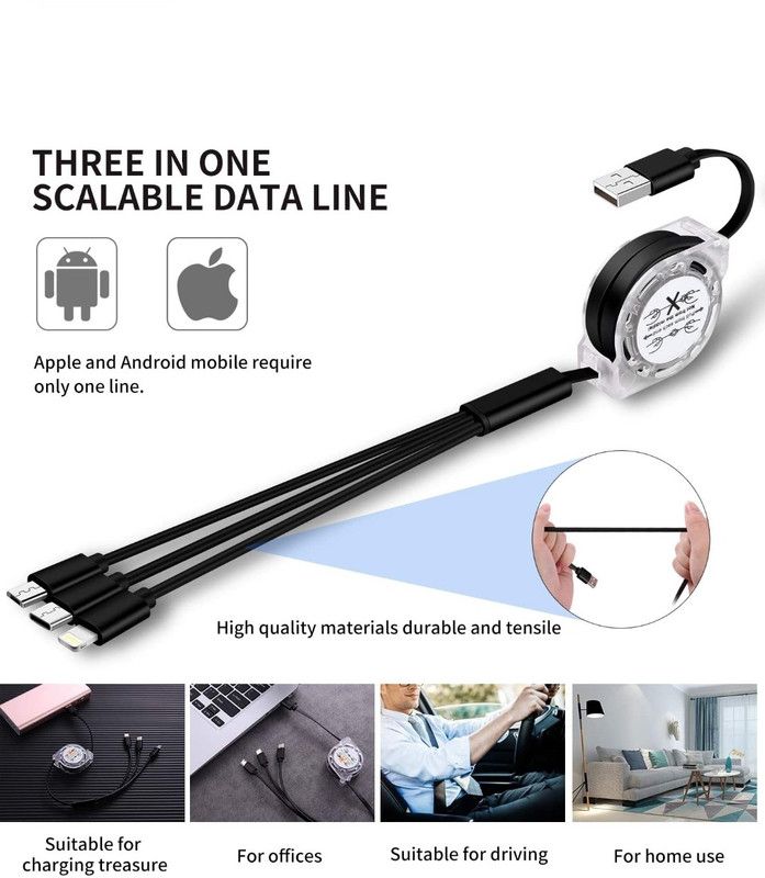 Old Navy Micro USB Cable 1 m 3 in 1 Multi USB Charging & Dat Cable for Iphone/ Typec/ Micro  (Compatible with Iphone, Type C, Micro, Black, One Cable)