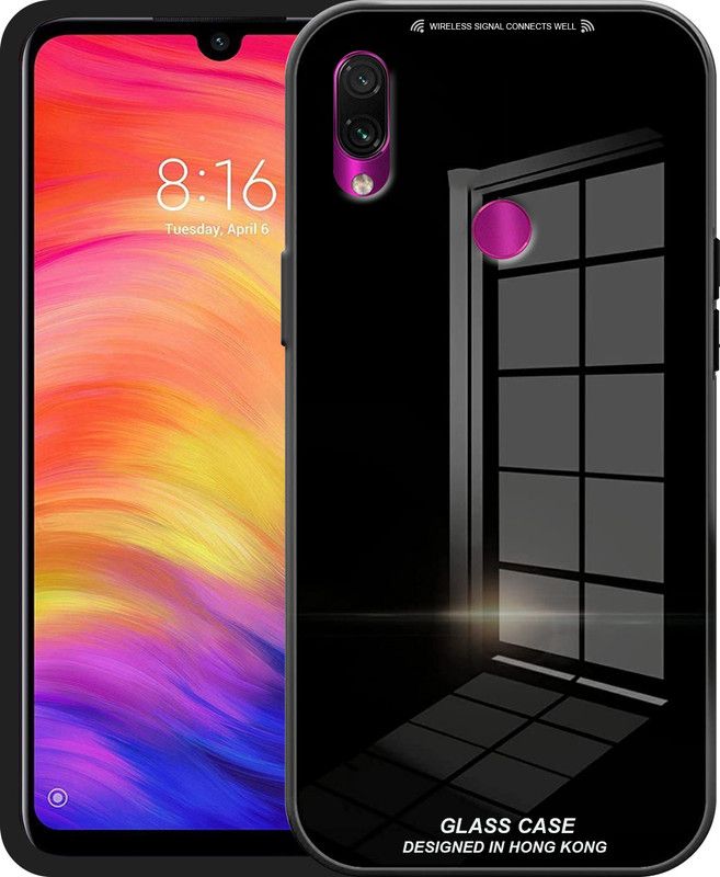 TKTHUB Back Cover for Redmi Note 7s Luxurious Toughened Mirror Glass Back Case Shockproof TPU Bumper  (Black, Pack of: 1)
