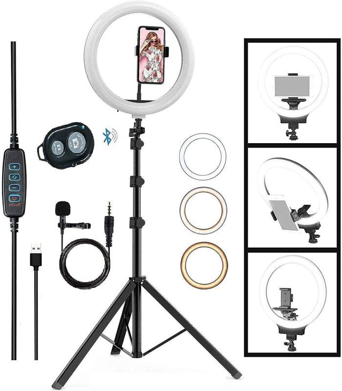 PKST 14"Selfie Ring Light 7Ft Long tripod 5m long collar mic, selfie remote Kit Ring Flash  (White)