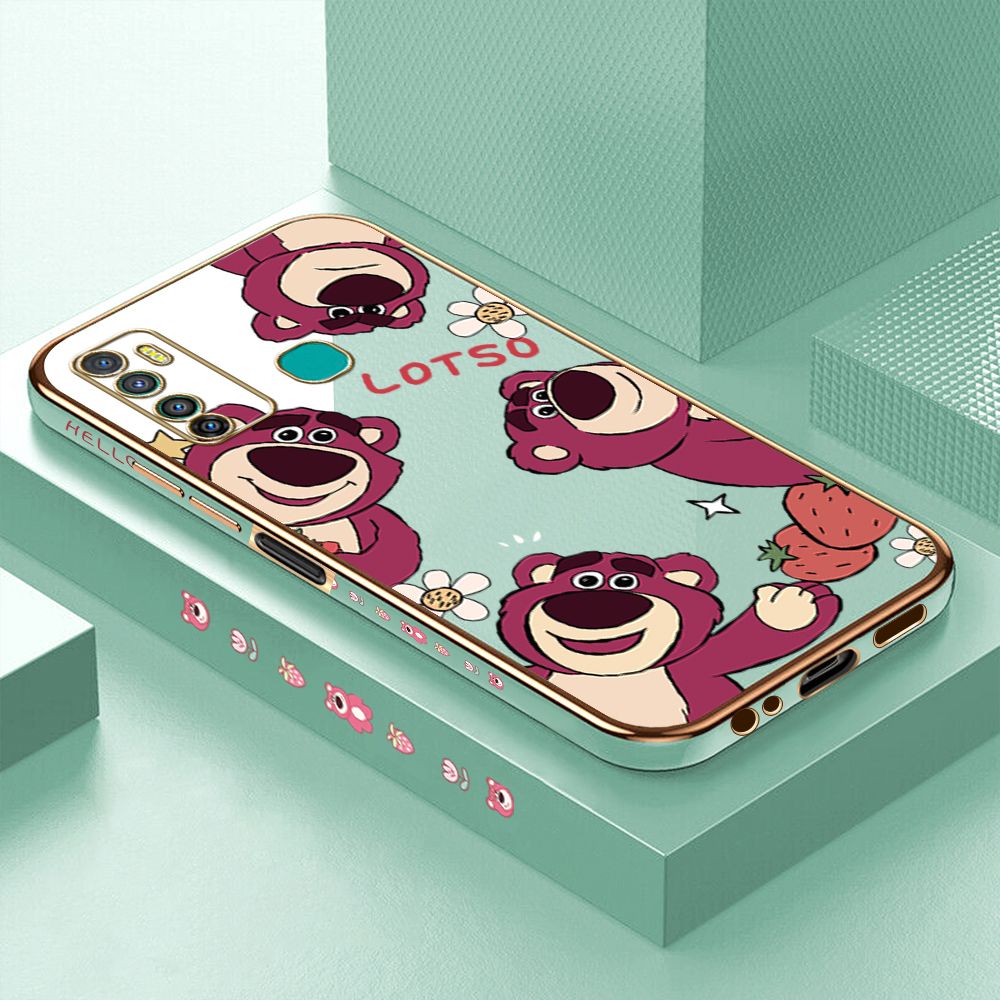 ZeroQiQi for Infinix Hot 9 Back Cover Cute Bear Luxury 6D Plating Case Side Pattern Soft Silicone Square Phone Cases + Free Lanyard