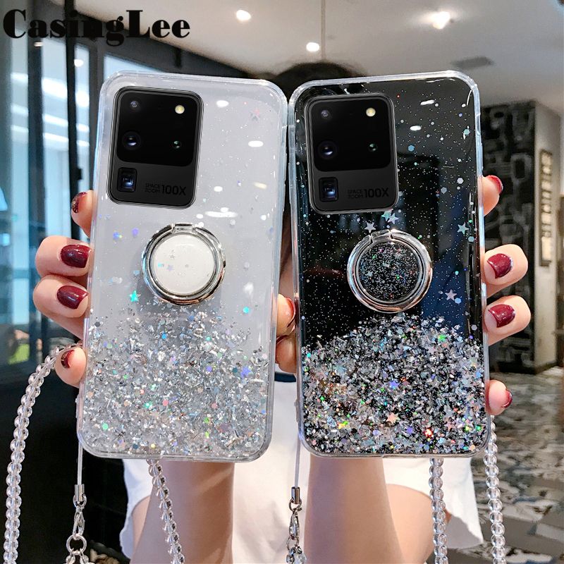 Casinglee for Samsung Galaxy S20 Ultra case Shiny Ring Glitter Soft Transparent Holder Stand Back cover with String for Samsung S20 Ultra Phone cases cover Stars Moon Girls