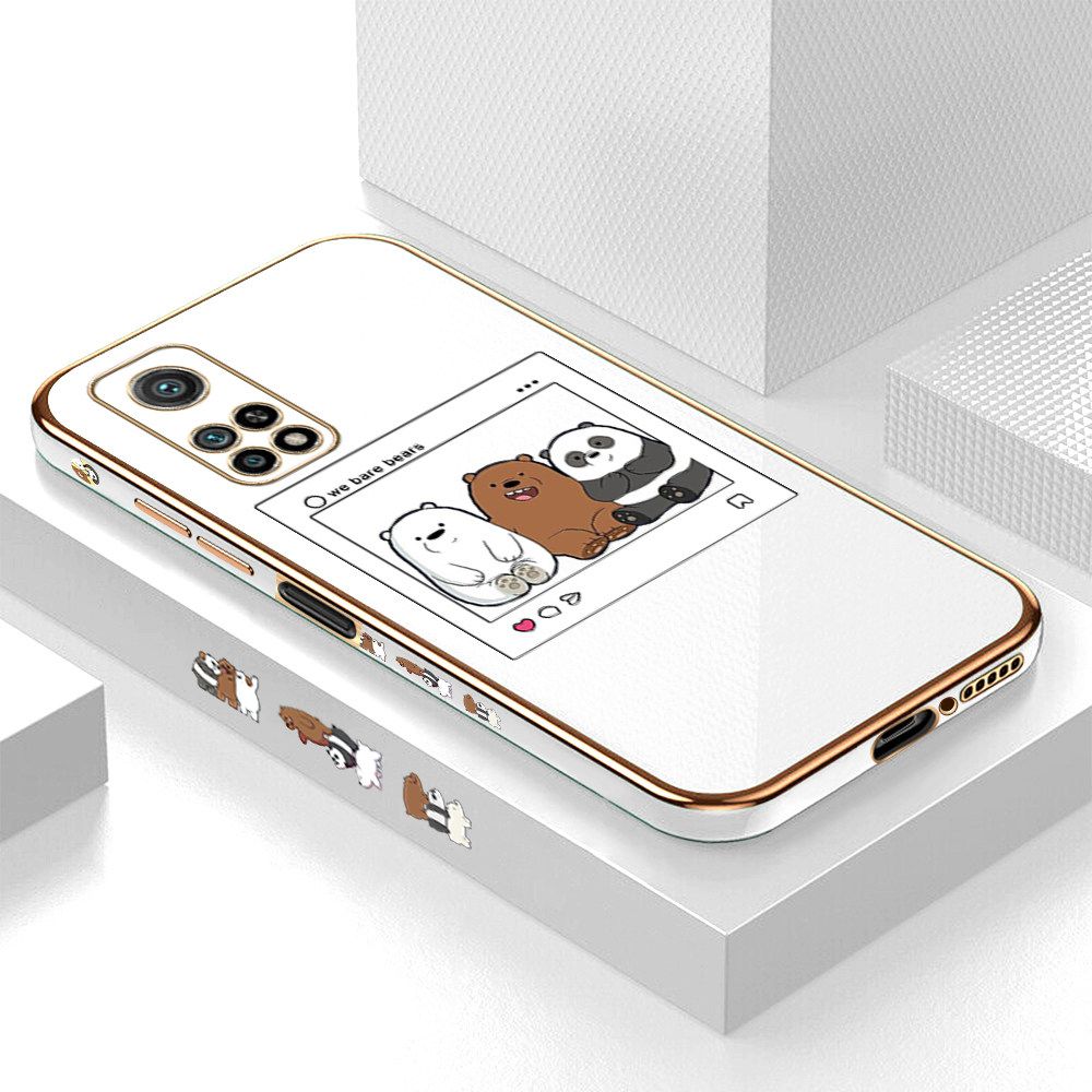 Luxury 6D Plating Case for Xiaomi 10T Cute Cartoon Anime Bears Side Pattern Back Cover Soft Silicone Square Frame Shiny Bling Phone Cases + Free Lanyard