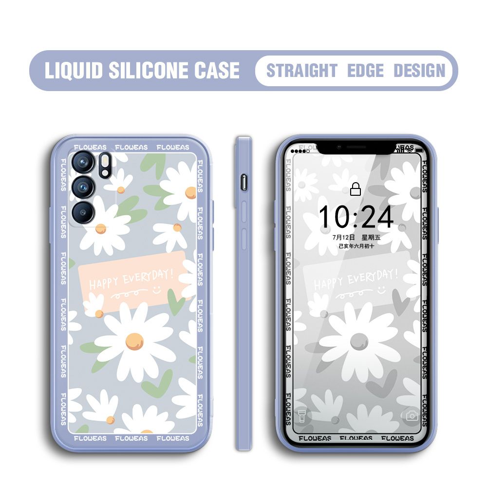 BILI for OPPO Reno6 5G Back Cover White Daisy Multicolor Liquid Silicone Phone Case Soft Square Lens Protection Phone Cases
