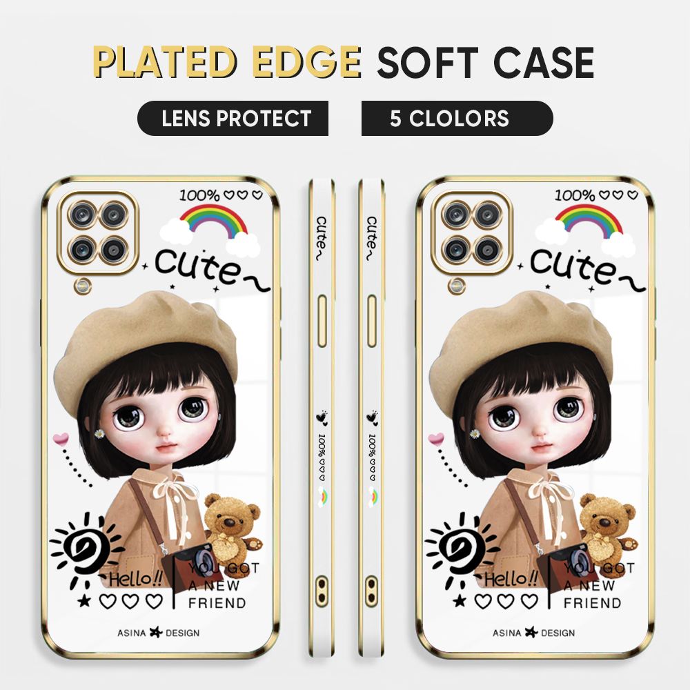 Luxury 6D Plating Case for Samsung A12 Phone Cases Satchel Girl Side Print Soft Silicone Square Back Cover