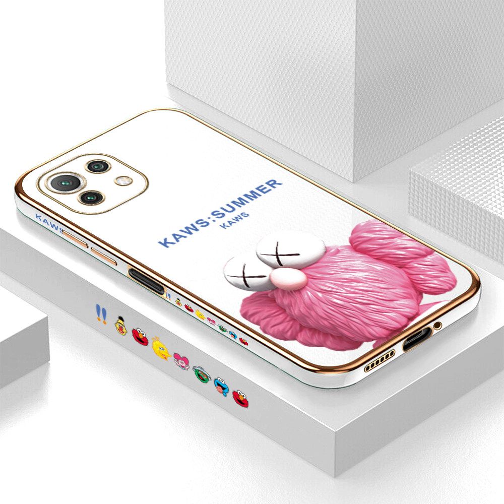 Luxury 6D Plating Soft Casing Silicone Square Frame Phone Case For Xiaomi 11 Lite 5G Case Shiny Bling Back Cover Cartoon Pink Doll Square Edge Pattern Design Soft Case + Free Lanyard