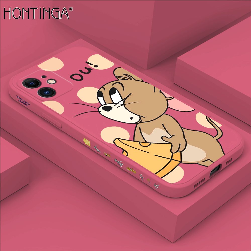 Hontinga for iPhone 12 Case Side Design Cute Cartoon Mouse Back Cover Soft Square Edge Pattern Liquid Silicone Trend Phone Cases
