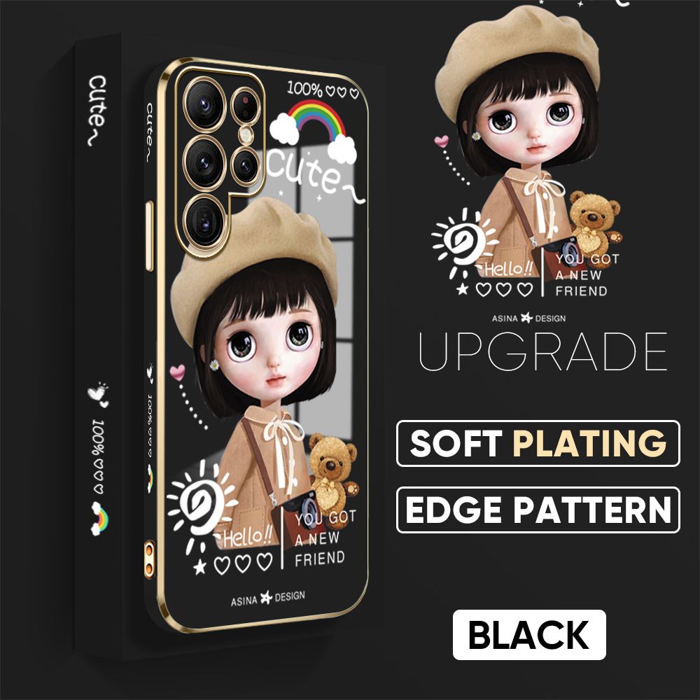 Jizetin (Free Lanyard) Samsung Galaxy S22 Ultra 5G Back Cover Fashion Girl Luxury 6D Plating Case Side Pattern Soft Silicone Square Phone Cases