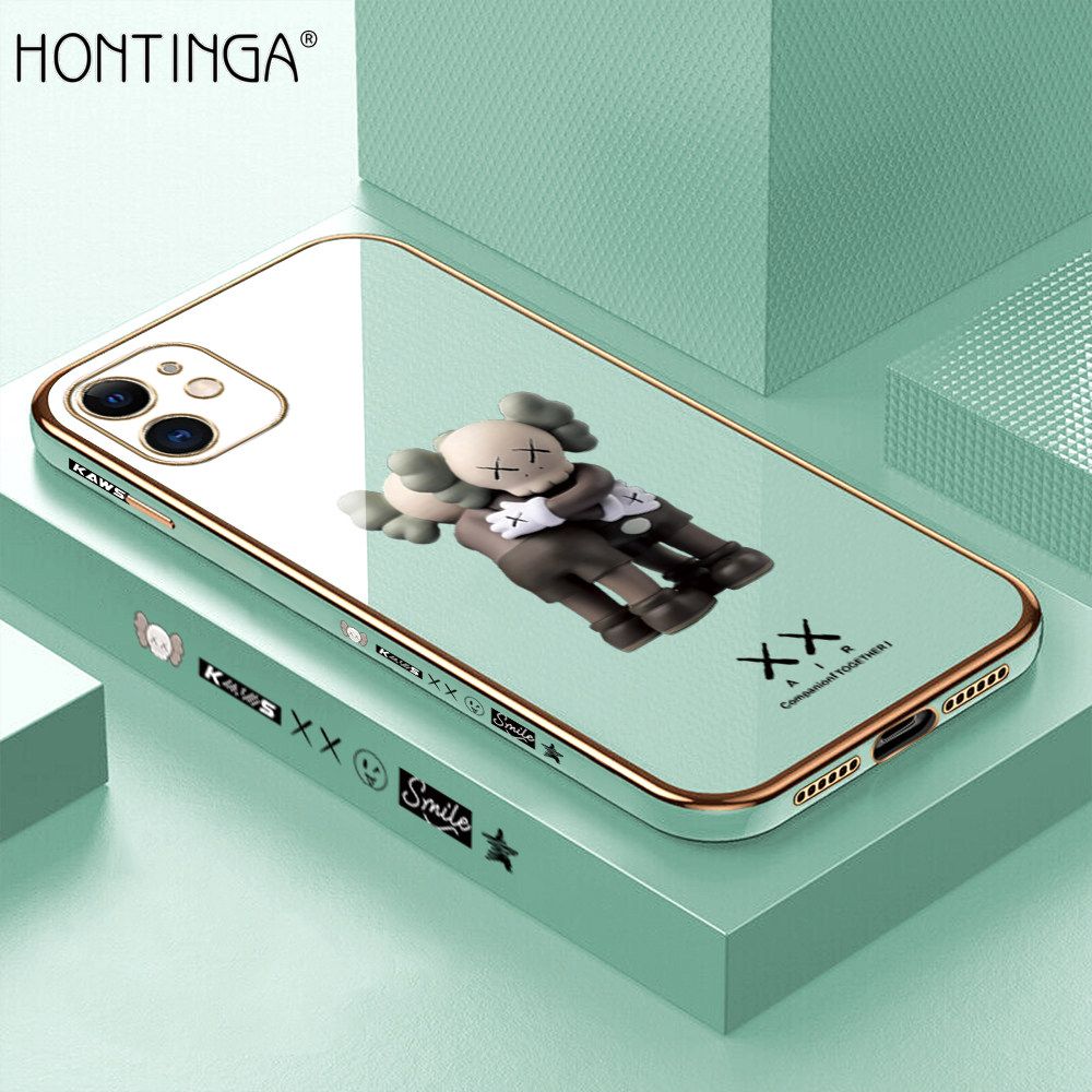 Hontinga for iPhone 11 Back Cover + Free Lanyard Luxury 6D Plating Cartoon Hug bear Side Pattern Case Soft Silicone Square Mobile Cover