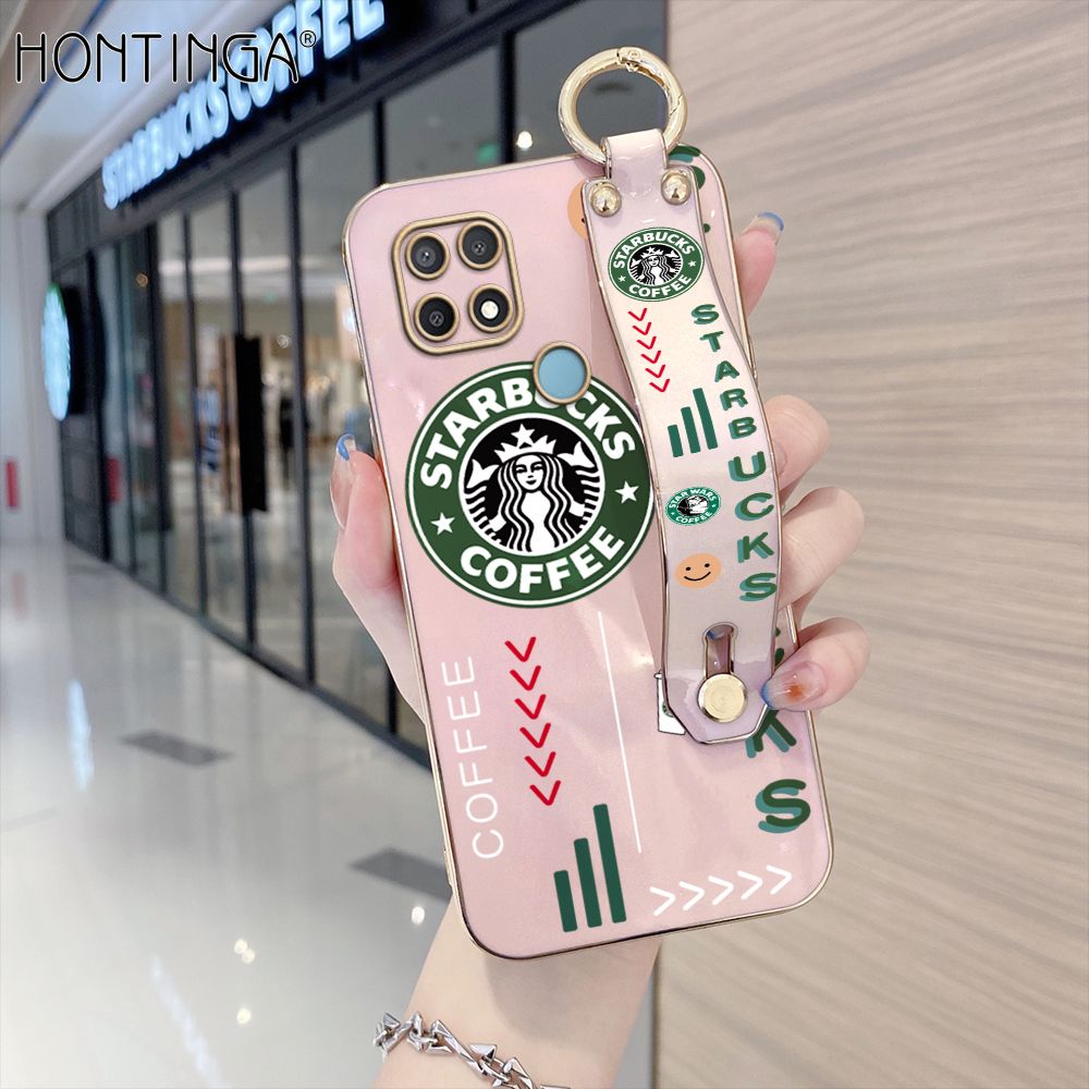 Hontinga for OPPO A15 / A15S Back Cover With Wristband Luxury 6D Plating Coffee Sign Case Soft Silicone Square Phone Cases