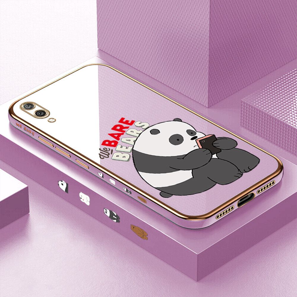 Luxury 6D Plating Case for Huawei Y7 Pro 2019 Cartoon Panda Side Pattern Back Cover Soft Silicone Square Frame Shiny Bling Phone Cases + Free Lanyard