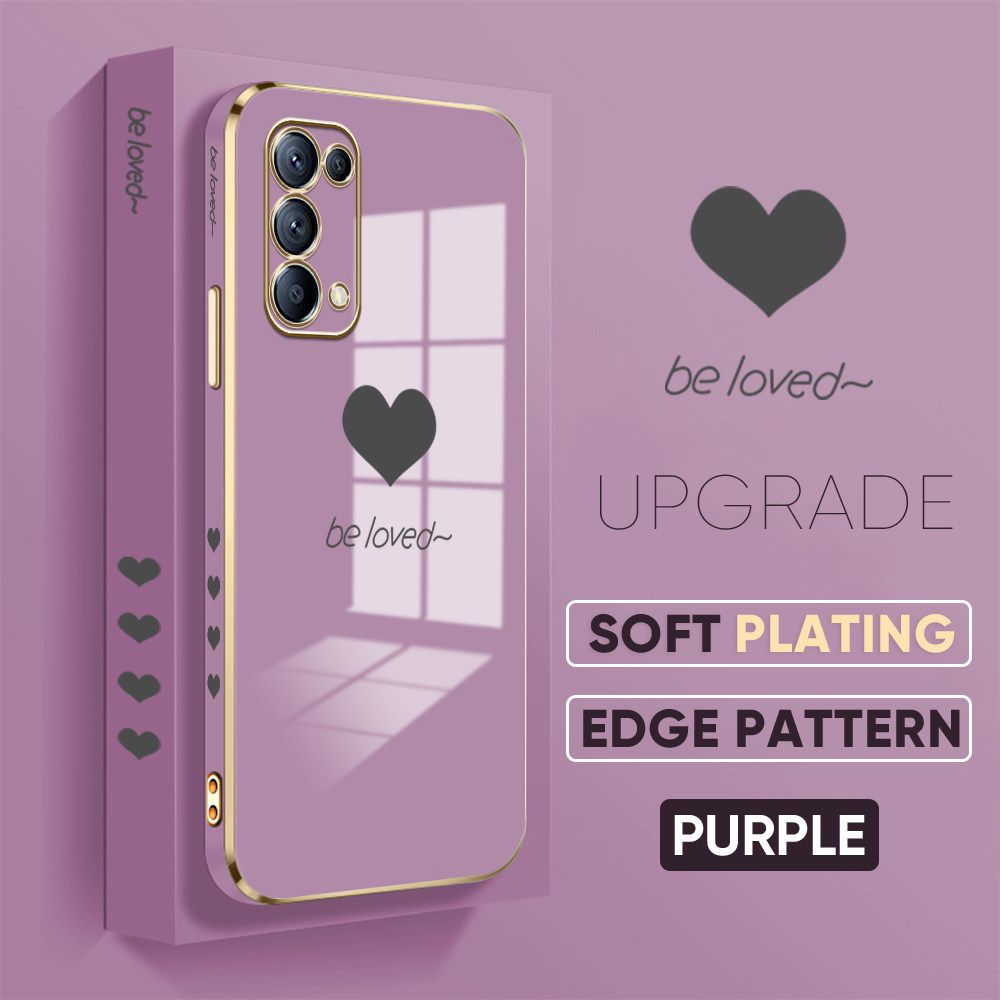 TA for OPPO Reno5 4G 5G Back Cover + Free Lanyard Simple Love Luxury 6D Plating Case Side Pattern Soft Silicone Square Phone Cases