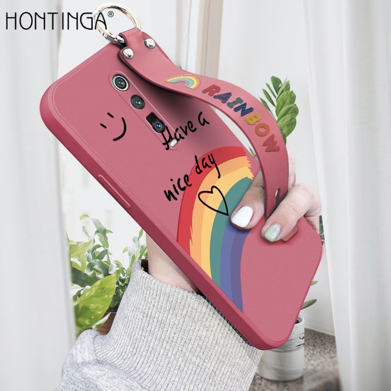Hontinga for Xiaomi Redmi K20 Pro Wrist Strap Case Lovely Graffiti Rainbow Smile Thin Phone Cover Square Edge Liquid Silicone Creativity Phone Case