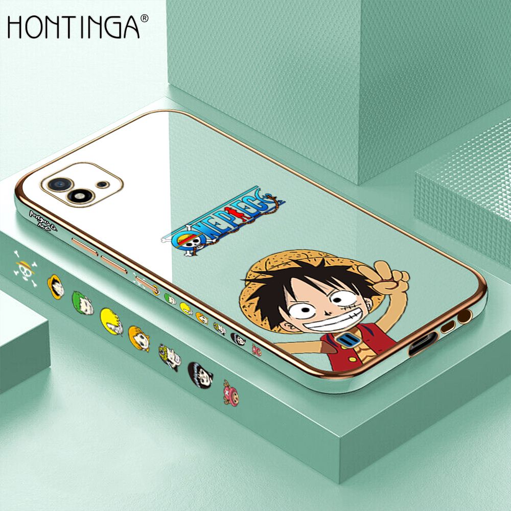Hontinga for Realme C20 / C20A / C11 2021 Back Cover + Free Lanyard Luxury 6D Plating Anime Cartoon Happy Luffy Side Pattern Case Soft Silicone Square Mobile Cover