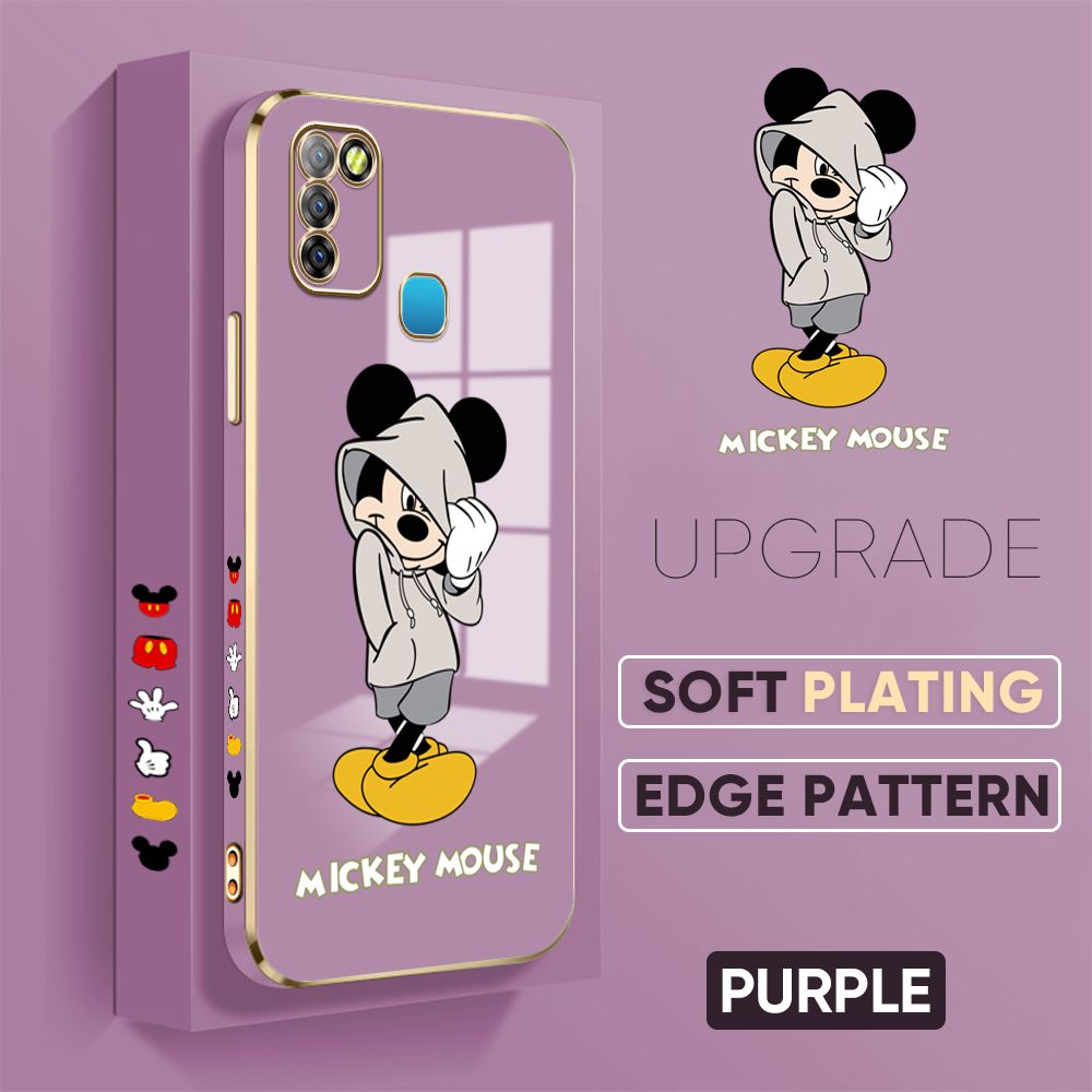 Jizetin (Free Lanyard) Infinix Smart 5 Back Cover Sweater Mouse Luxury 6D Plating Case Side Pattern Soft Silicone Square Phone Cases