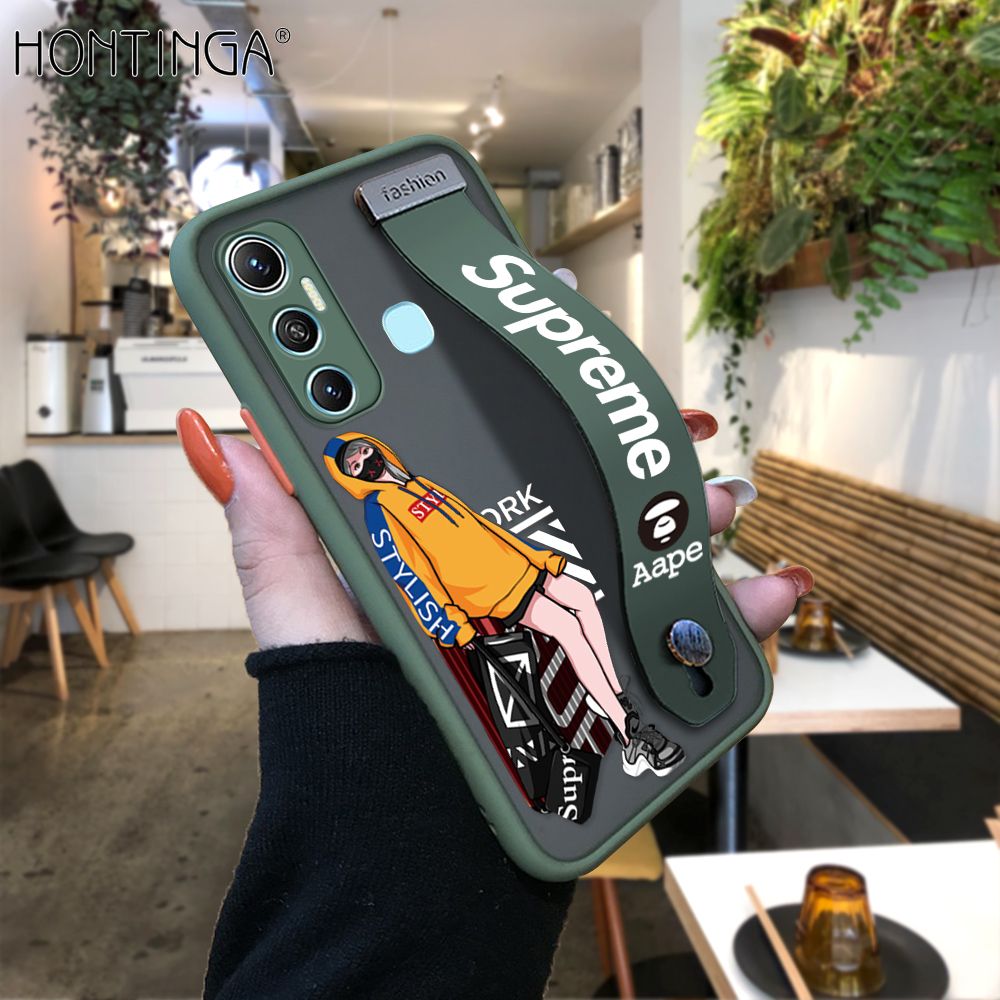 Hontinga for Infinix Hot 11 With Wristband Case Cartoon Cool girl Frosted Cover Edge Full Lens Protection Phone Cases