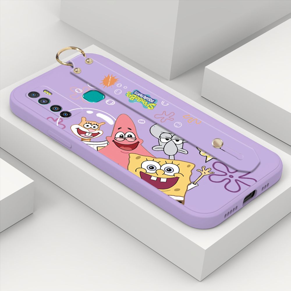 ZeroQiQi for Infinix Hot 9 Wrist Strap Case Cute Cute Funny Cartoon Sponge for Square Pants Cover Square Edge Liquid Silicone Anti-drop Phone Case