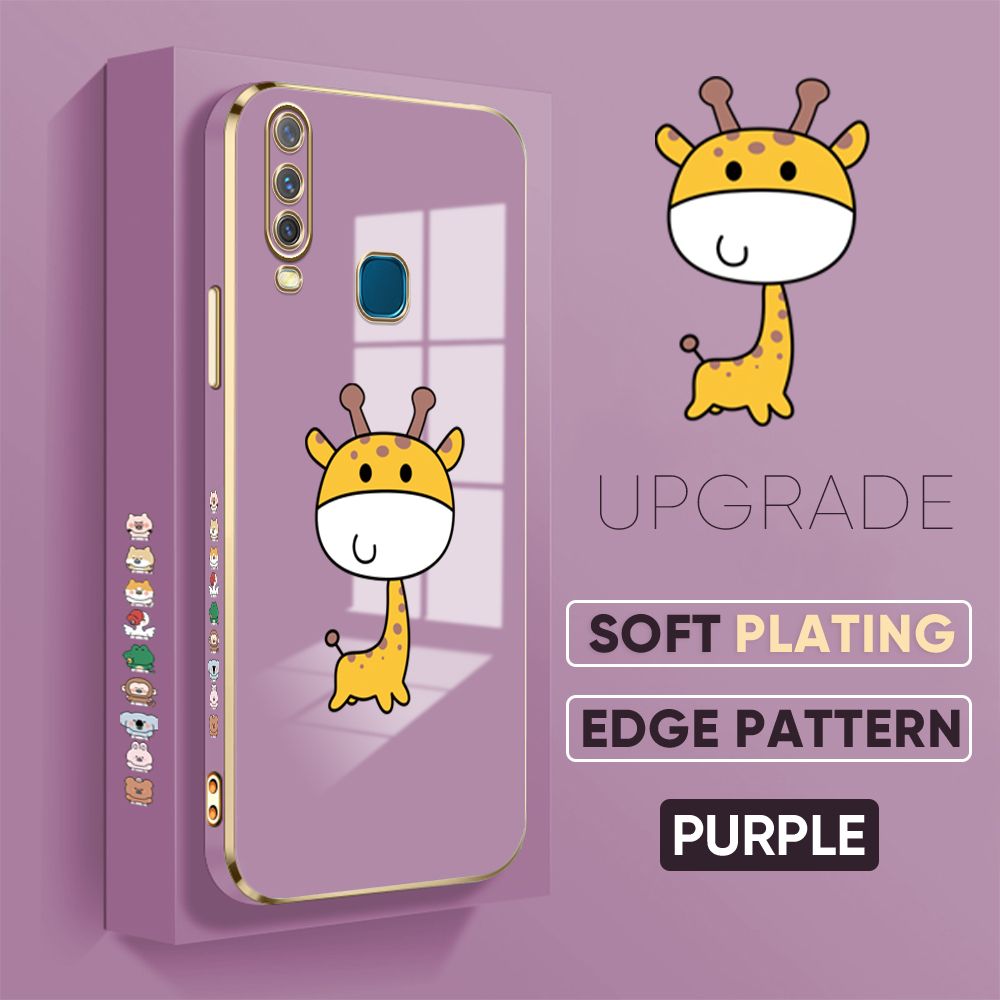 Jizetin (Free Lanyard) Vivo Y17 Y15 Y12 Cover Big Head Giraffe Luxury 6D Plating Soft Casing Silicone Square Frame Phone Case Shiny Bling Back Cover