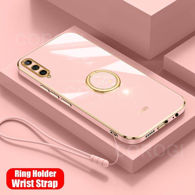 For Samsung Galaxy A50 Back Cover with Ring Holder Stand + Wrist Strap Shiny Plating Square Bumper Protective Case Soft Silicone Shockproof Mobile Phone Cases