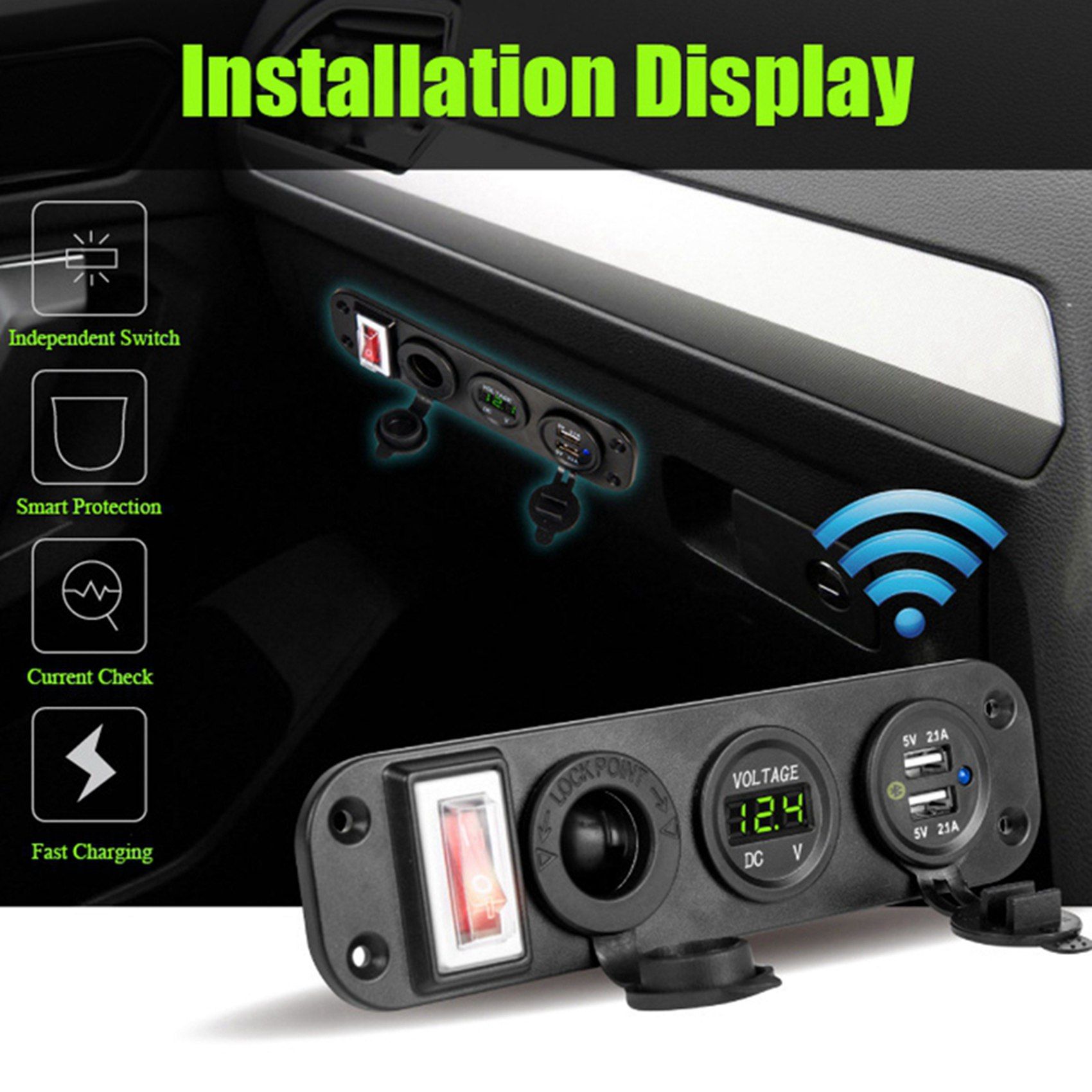 2X 4 in 1 Dual QC3.0  Charger C-Igarette Lighter Socket Digital Voltmeter with Rocker Switch Bluetooth Control