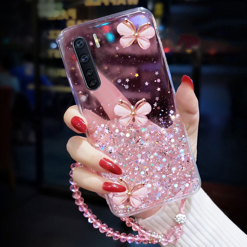 Phone case OPPO F15 Shiny Ring Case Glitter Soft Transparent Butterfly Cases For OPPO F15 Back Cover + Free Crystal Chain